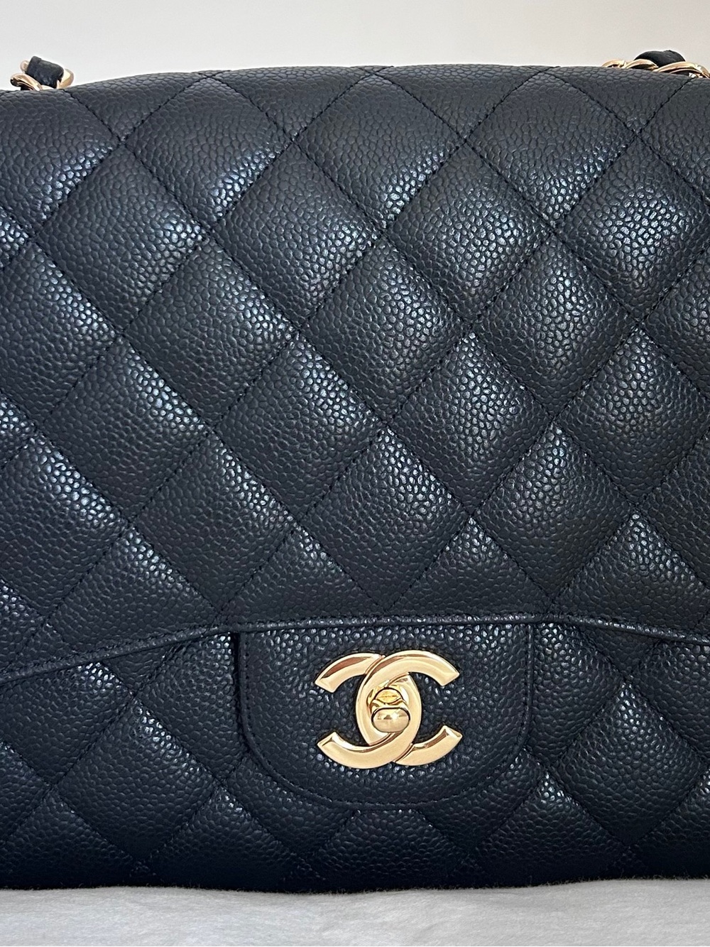 CHANEL vintage Black Jumbo Single Flap Caviar Leather Shoulder Bag with Gold